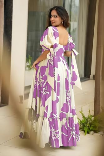 Image of Modestouze Attires Women's Floral Pattern Rayon Blend Maxi Dress with Sweetheart Neck Half Puff Sleeve Floor Length and Zipper Closure Type | Maxi Dress for Women Stylish | Dress for Women