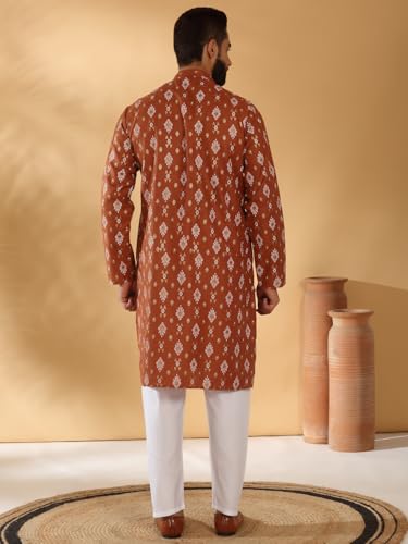 Image of KRAFT INDIA Men's Cotton Blend Geometric Printed Straight Long Regular Kurta and Elastic Waistband Pyjama Set