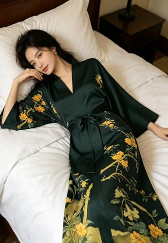 Image of Women's Classic 100% Silk Kimono Robe, Bathrobe-Printed Pattern