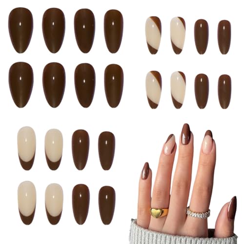 YAPKOLV 24 Unghie Finte in Acrilico con Design Francese, Unghie Artificiali Corte con Colla per Donne e Ragazze (Verde Scuro, Swirl Bianco, Corte)