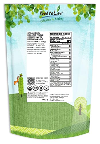 Organic Dry Roasted Whole Cashews With Himalayan Salt, 4 Pounds – Non-Gmo, Oven Roasted And Lightly Salted Nuts, No Oil Added, Vegan, Kosher, Bulk. High In Protein. Great Wholesome And Crunchy Snack #TOP1