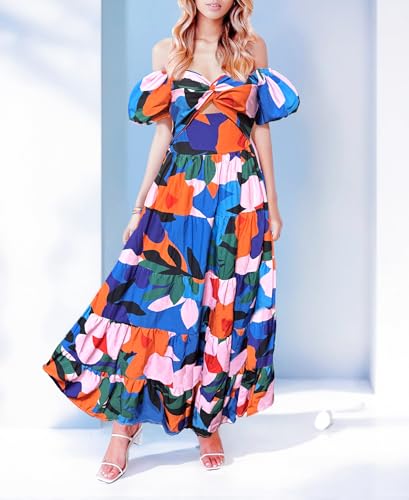 Image of GOLDSTITCH Women's 2026 Boho Floral Maxi Dress Puffy Short Sleeve Cutout V Neck Casual Long Beach Dress