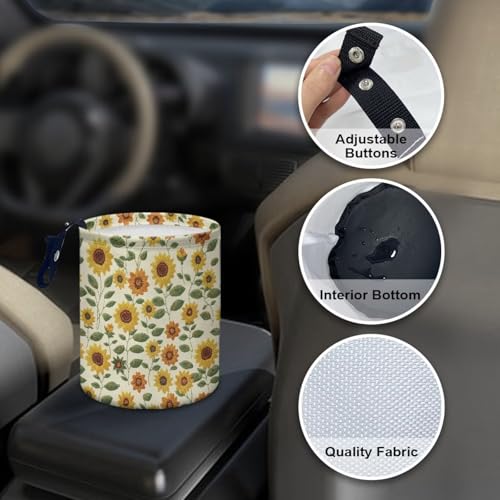 Image of Sunflower Print Car Trash Can Portable Collapsible Back Seat, Front Seat, Floor, or Hanging Headrest Waste Basket Car Accessories Interior for Women