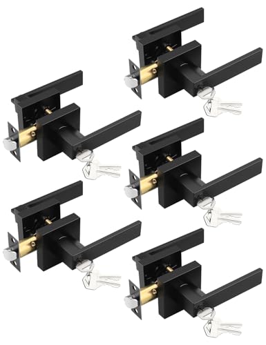 Tinewa 5 Pack Entry Door Levers with Lock and Key, Matte Black Keyed Alike Lockset Combo Pack, Entrance Door Handles for Office and Front Door, Door Knobs Lockset (Each with 3 Keys)