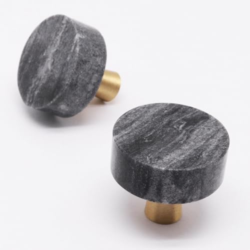 YuGtcen 2pcs Marble Cabinet Knobs, Modern Decorative Cabinet Knobs, Black Stone Brushed Brass Base Drawer Knob Handles Pull for Kitchen Bathroom Dresser (Black)