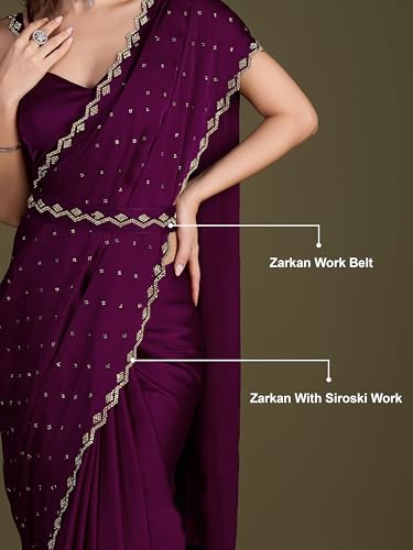 Image of TRENDMALLS Women's Satin Silk Siroski Zarkan Work Saree with Unstitch Blouse Piece