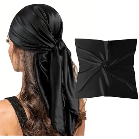 vimate Black Silk Feeling Scarf, 35'' Square Retro Soild color Satin Headband Scarf for Hair Wrapping at Night (Black) Cover