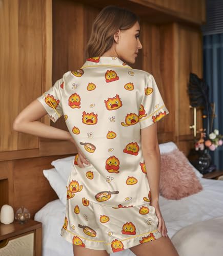 Image of Women 2PCs Satin Pajama Set Short Sleeve Silk Feel Gift Sleepwear | Soft stretch satin; relaxed comfort fit sizes S-3XL for sleep & lounge; short sleeve top, elastic waist shorts; easy care