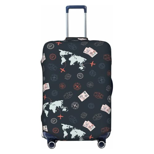 XBFCDN Travel Stamps With World Map Elastic Luggage Cover, Suitcase Protector For Travel (Fits 25-28 Inch Luggage)