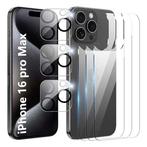 Suttkue for iPhone 16 Pro Max Back Screen Protector with Camera Lens Protector 9H Hardness Anti-Scratch Tempered Glass Case Friendly Anti-Fingerprint Anti-Scratch Easy Installation 6.9 inch(3+3 PACK)