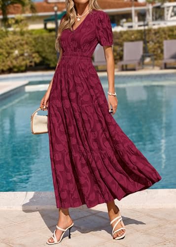 Image of KIRUNDO Summer Dresses for Women 2026 Boho Flowy Casual Short Sleeve V Neck Elastic Waist Floral Long Baby Shower Maxi Dress