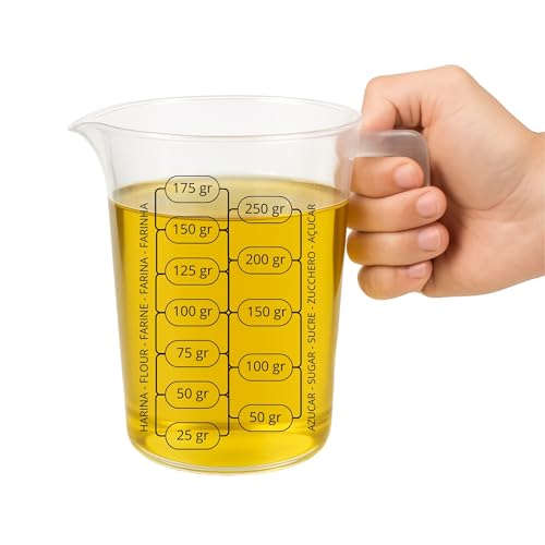 Jarra Medidora, Vaso medidor, Recipiente medidor para la cocina, Apto para calentar en microondas, Asa Ergonómica, Uso prolongado y repetido, Graduación dual ml/gr, Plástico, Transparente