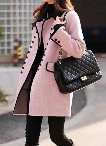 Women's Pink Solid Coats Double Breasted Midi Peacoat Thick Walker Trench match Flap Pockets Loose 2025 Fall3
