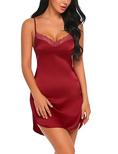 Avidlove Women's Nightwear Sexy Satin Sleepwear Lace Chemises Mini Full Slip (XX-Large, Wine Red)