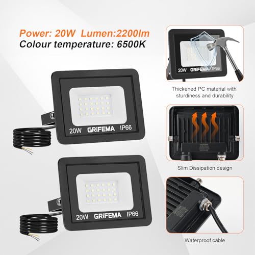 GRIFEMA 20W LED Strahler Außen, [2 Stück] 2200LM, 6500K Kaltweiß, IP66 Wasserdicht, Verstellbarer 180° Halter, für Garten, Garage, Hof, Außenbeleuchtung, Ohne Stecker, Schwarz