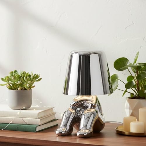 NOUVO Modern LED Table Lamp with Unique Humanoid Design, Dimmable Touch Control, USB Charging Port, Energy-Efficient LED Lighting, Perfect for Bedroom, Living Room, Desk Use Silver Finish Cozy Pose