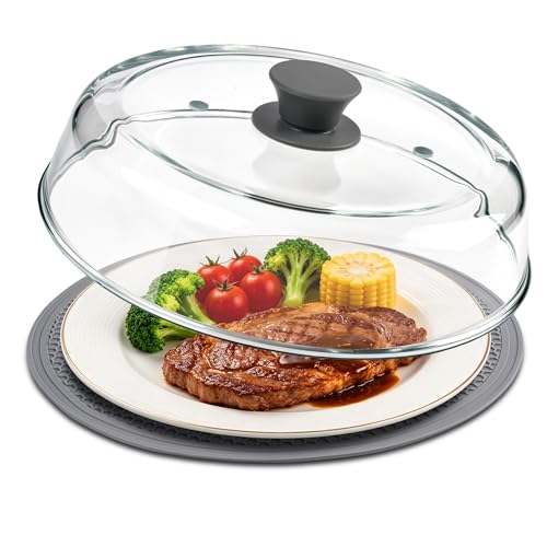 10inch Glass Microwave Splatter Cover for Food with Silicone Mat – Heat Resistant Plate Splatter Guard Lid with Vent Holes & Easy-Grip Handle – BPA Free, Dishwasher Safe