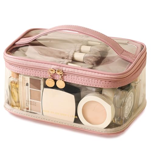 Large Clear Makeup Bag Big Cosmetic Bags Waterproof Toiletry Orangizer with Handle Transparent Toiletries Case Travel Pouch for Women Girls Daily Beauty Purse Essentials Skincare Bag Pink