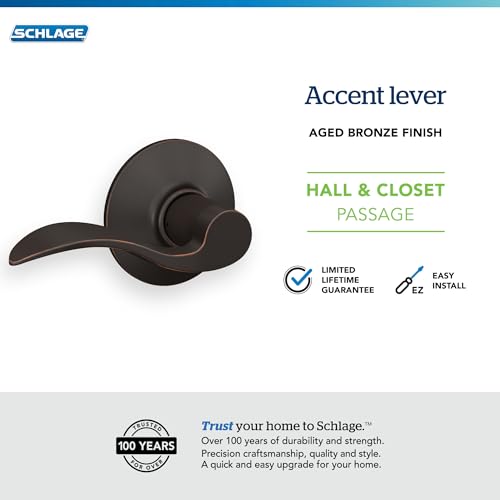 Image of Schlage F10 ACC 716 Accent Door Lever, Hall & Closet Passage Lock, Aged Bronze