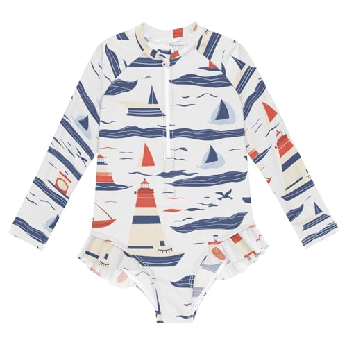 ALAZA Swimsuit for Girls Long Sleeve Rashguard Bathing Suit Sailboats Quick Dry 4T