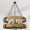 Sigaitwei Rustic Farmhouse Wood Chandelier Hanging Light Fixture, 6-Light Large Round Chandelier for Dining Room Entryway Kitchen Island Foyer,Vintage Wood and Metal Honeycomb Grid Finish