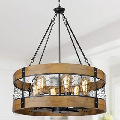 Sigaitwei Rustic Farmhouse Wood Chandelier Hanging Light Fixture, 6-Light Large Round Chandelier for Dining Room Entryway Kitchen Island Foyer,Vintage Wood and Metal Honeycomb Grid Finish