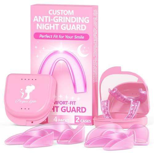 Paquete de 4 protectores nocturnos rosas para rechinar y apretar los dientes, protector bucal para dormir con 2 fundas de espejo, protector bucal moldeable para mujeres, adultos, alivio del bruxismo