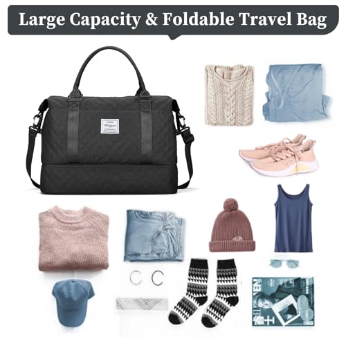 SYCNB Weekender Bags for Women,Personal Item Travel Bag with Shoes Compartment,Overnight Travel Duffel Bag,Gym Bag，Black2