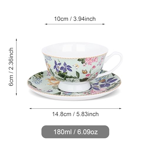 fanquare Elegancki zestaw porcelanowych filiżanek do kawy i spodków 180 ml, kubek do kawy w stylu vintage, kwiatowy wzór i motyle, kubek śniadaniowy Shabby Chic na śniadanie do domu i biura