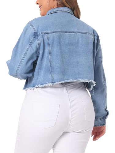 Agnes Orinda Plus Size Cropped Denim Jackets for Women Button Frayed Hem Tassel Crop Jean Jackets4
