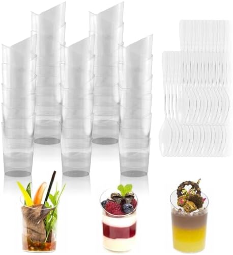 Verrines En Plastique Transparent – Lot De 50 Avec Cuillères – Capacité 200 Ml (7 Oz) – Réutilisables – Pour Mousses, Desserts, Glaces, Apéritifs