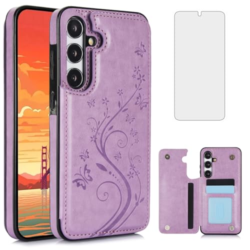 Asuwish Phone Case for Samsung Galaxy S24 5G with Tempered Glass Screen Protector Card Holder Wallet Cover Stand Flip Leather Cell Accessories Glaxay S 24 24S GS24 G5 2024, 6.2 inch Women Men Purple