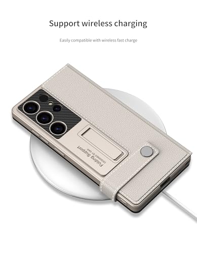 Image of Midkart Leather Flip Cover Compatible with Samsung Galaxy S25 Ultra with Card Holder Built-in Kickstand Magnetic Belt Lock Inner Hard PC with Full Body and Camera Protection, Beige