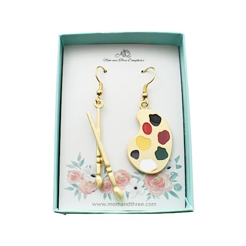 Artist Palette & Brush Earrings – Gold-Tone Enamel Jewelry | Hypoallergenic Stainless Steel Gift for Art Teachers, Painters, Makeup Artists | Handmade by Mom & Three Daughters