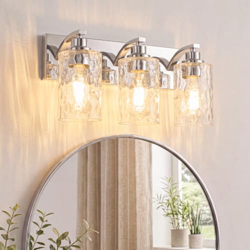 Image of 3-Light Bathroom Light Fixtures Modern Chrome Vanity Lights | Easy to Install Clear Hammered Glass Shades, Rippled Glow, Wall Mount Up or Down, E26 Socket, Hardwired, 120V