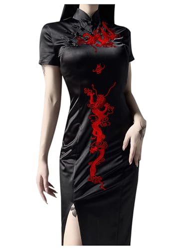 TSMNZMU Cheongsam Dress for Women - Gothic Asian Long Maxi Dress with Dragon Print2