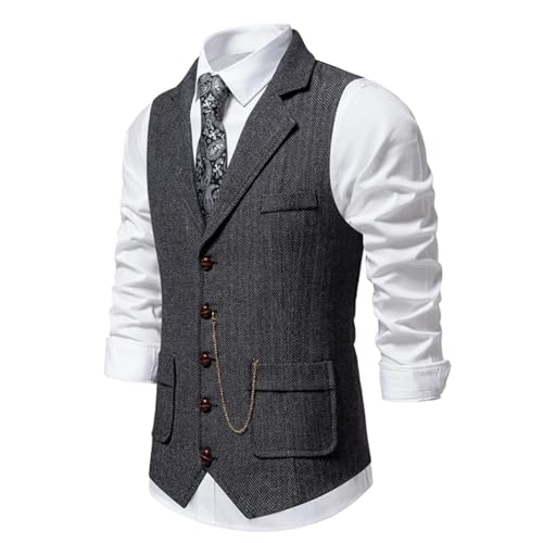 Men's Herringbone Tweed Suit Vest Lapel Chain Pockets Suit Vest Business Casual Formal Dress Waistcoat2