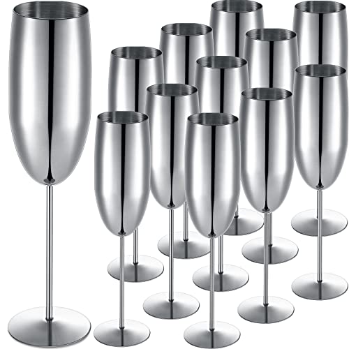 Set Of 12 Stainless Steel Champagne Flutes Silver Champagne Glasses With Box 8.5 Oz Champagne Wine Glasses Bulk Unbreakable Toasting Glasses For Wedding, Anniversary, Parties, Bride Gifts #TOP7