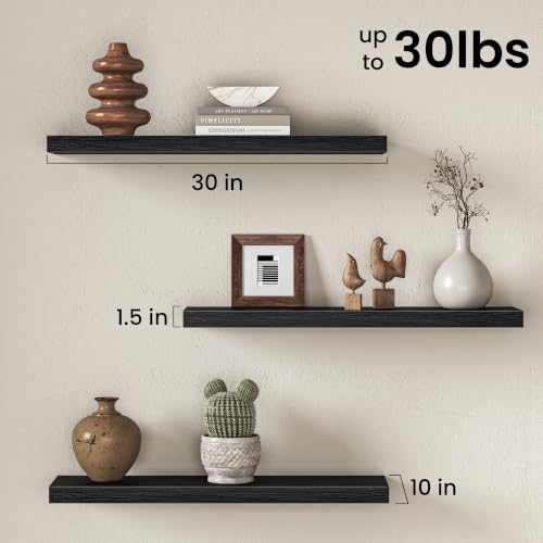 Image of Fun Memories 30 Inch Floating Shelves for Wall, Black Wood Wall Mounted Shelf with Invisible Bracket, 10 Inch Deep Large Shelves for Living Room Bathroom Bedroom, Set of 3