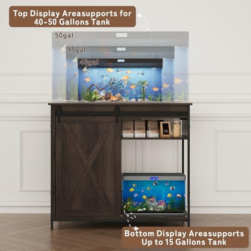 Image of 40-50 Gal Fish Tank Stand with Cabinet Storage, Power Outlet, Brown