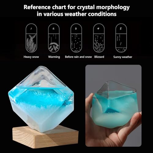 Baromètre météo prévision cristal cube d'eau bleue socle bois - 5