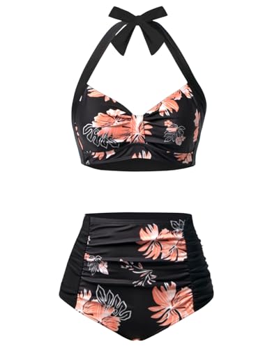 Image of Holipick Women High Waisted Bikini Set Two Piece Swimsuit Tummy Control Bathing Suit Vintage Halter Swimwear