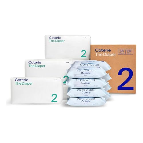 Image of Coterie Baby Wipes + Diapers Kit, Size 2 Diapers (186 Count) & 8 Pack (448 Count) Baby Wipes with 99% Water, Plant Based Materials, Hypoallergenic for Sensitive Skin, Baby Essentials