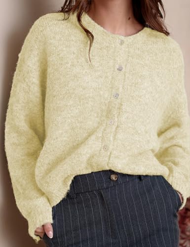 Image of Ynhonra Womens Cardigan Sweater Front Button Loose Y2k Long Sleeve Crewneck | Lightweight Knit Ribbed Hem