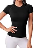 SOLY HUX Women's Workout Tee Short Sleeve Athletic Sports Yoga Seamless T Shirts Tops Plain Black M