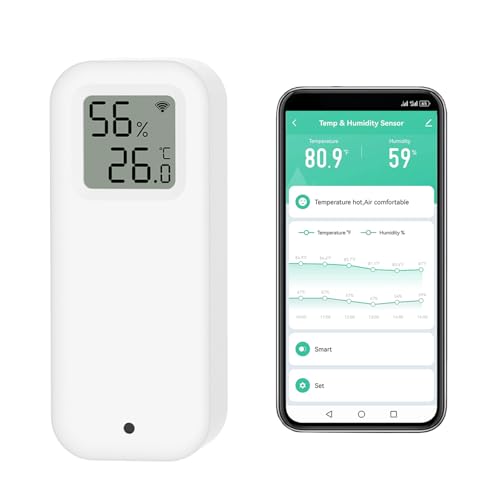 Termómetro higrómetro digital Smart, sensor de temperatura e humidade Wi-Fi com folha magnética autoadesiva, sensor de temperatura de calibração com alerta de notificação de app. Compatível com