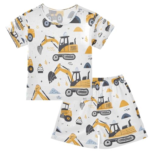 senya Short Sleeve Pajamas Sets Summer Cotton Sleepwear Excavating Machinery and Little Grass