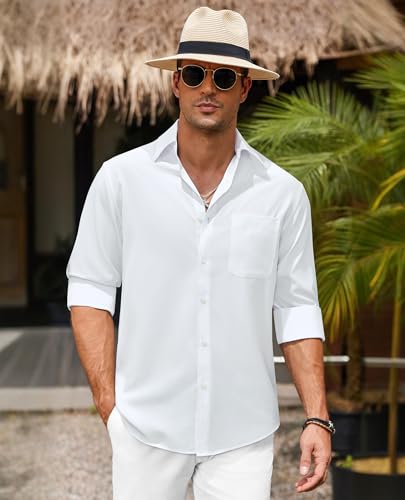 Mens Dress Shirt Long Sleeve Wrinkle Free Casual Button Down Untucked Business Linen Shirts with Pocket3