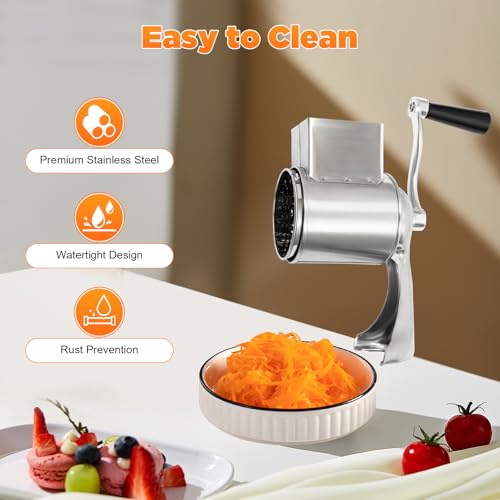 Edelstahl Manuelle Kartoffelreibe Reibemaschine Küchenmaschine für Käse, Gurken, Karotten, Nüsse, mit 5 Trommeln und Ein fester Clip, Silber,10 * 24cm/3.93 * 9.44inch