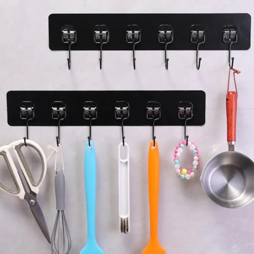 Image of 1 PCS Adhesive Sticker Wall Mounted Coat Hook Rack 6 in 1 Heavy Duty Sticky Hooks No Drilling Strong Load Bearing Organizer for Kitchen Bathroom Bedroom Doors Tiles (Black Color)